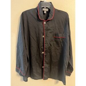 Playboy Pajama Top Mens Medium Black Excellent Red Piping Long Sleeve Button Up